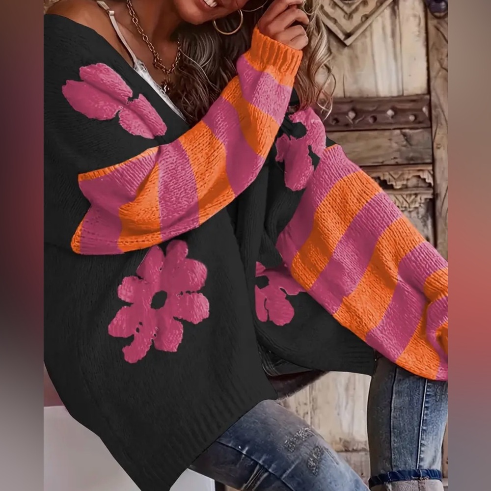 BLACK Pink and Orange Striped and Floral Knit Cardigan Sweater - Picture 2 of 8